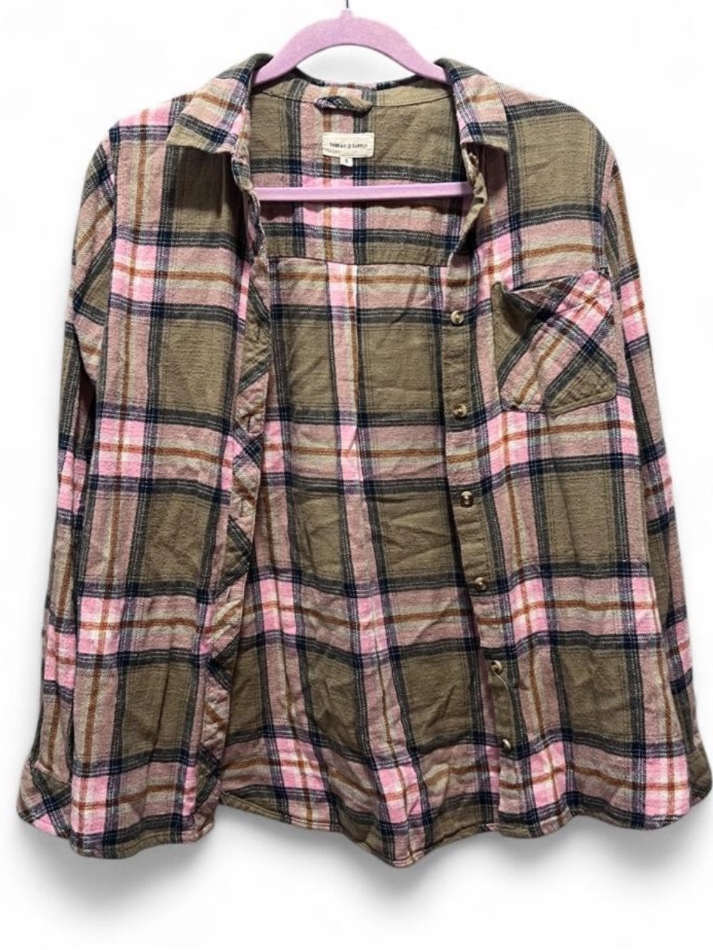 Thread & Supply Plaid Button-Up Shirt in Olive and Pink
